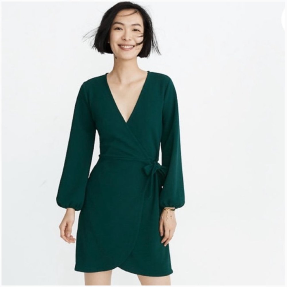 Madewell Long Sleeve Faux Wrap Dress Green Medium - Picture 3 of 7